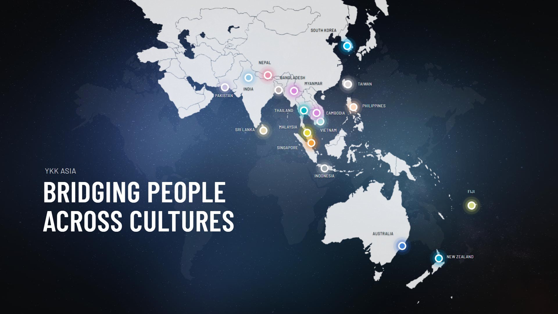 Map of the YKK Asia office network across Asia-Pacific and Oceania